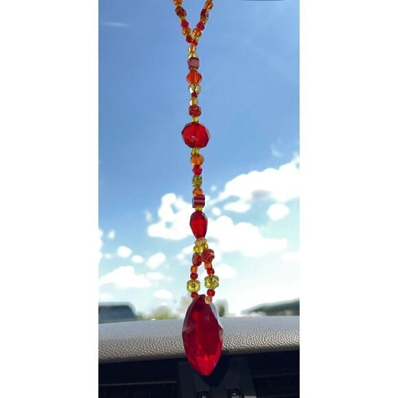 Beaded Suncatcher Rearview Mirror Car Charm Yellow Orange Red Crystal Prism - Picture 1 of 10